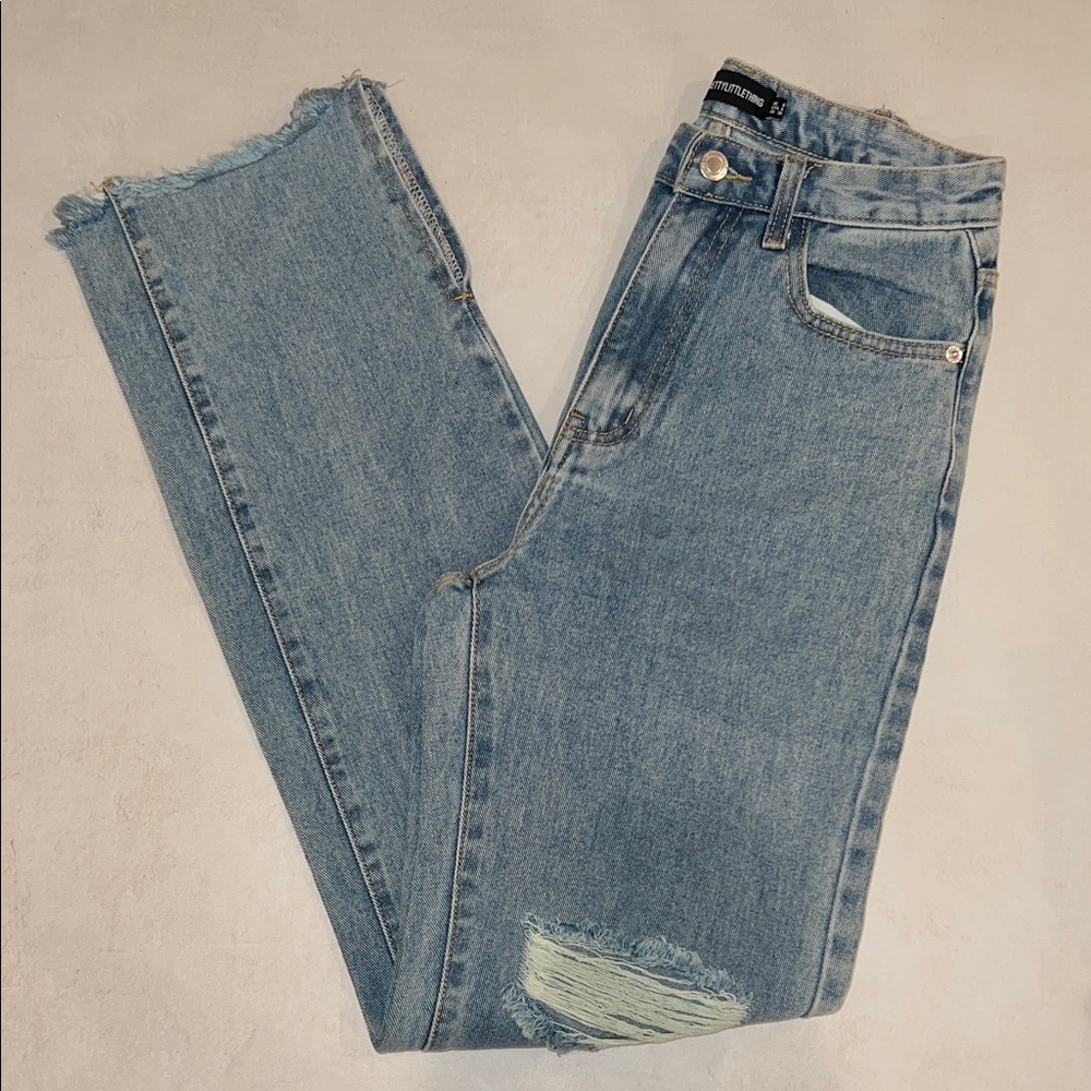 PrettyLittleThing 4 Blue Ripped Butt Distressed Slit Hem Jeans High Rise PLT